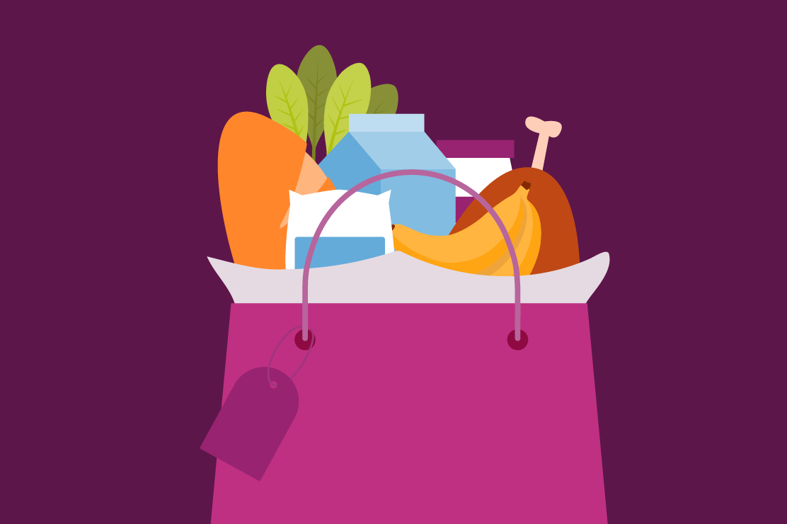 Illustration of a grocery bag filled with food items.
