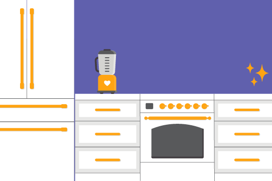 Image of a kitchen counter with a blender and fridge