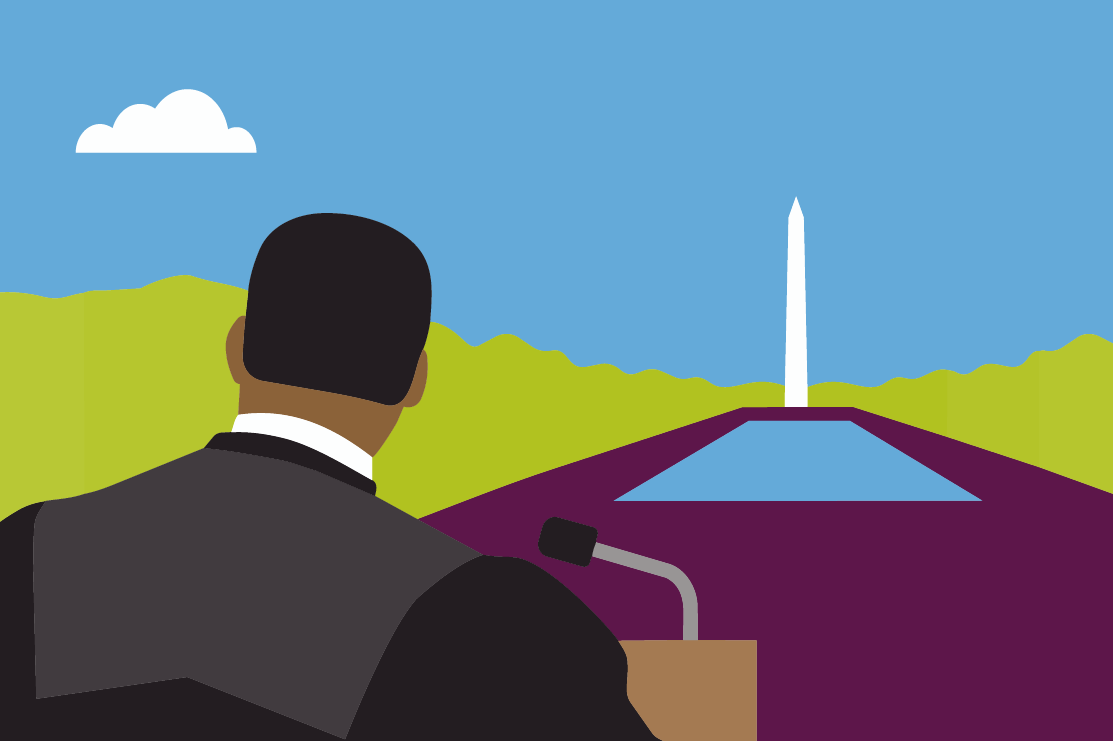 Illustration of Martin Luther King Jr. giving his famous speech with WA. Monumument in background.