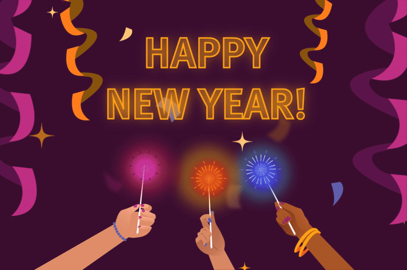 Gif of sparklers spinning with Happy New Year! displayed.
