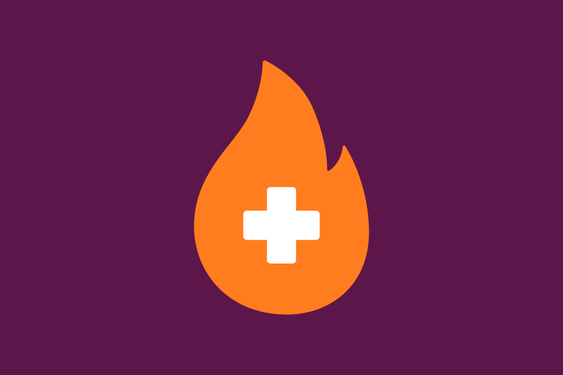 Illustration of a flame with a cross in it on a purple background