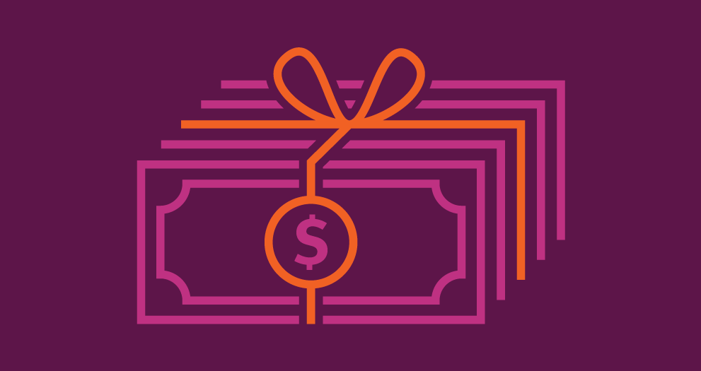 An illustration of a gift bow tied around a stack of money.