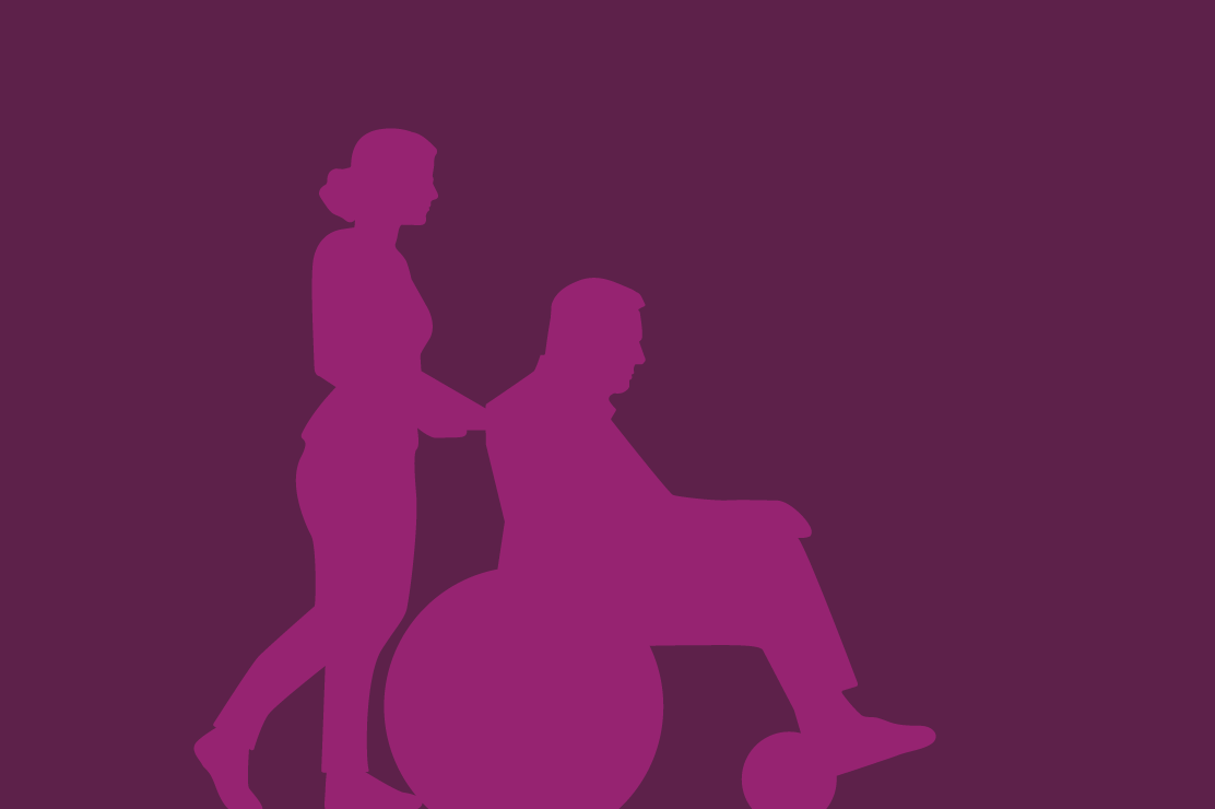 An illustration of a woman pushing man in wheelchair.