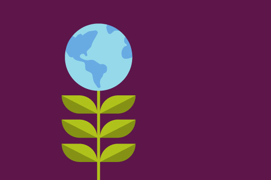 An illustration of a blue planet Earth growing atop a green plant.