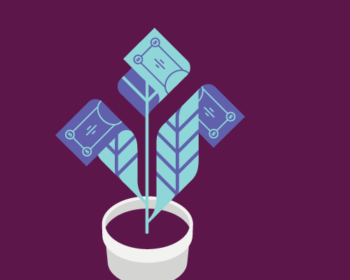 Graphic of money growing like a plant in a pot with a purple background.