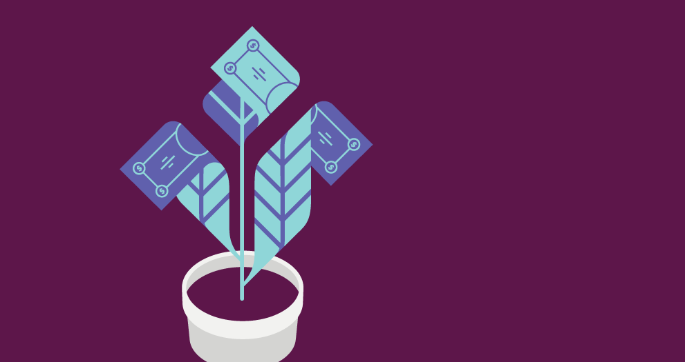 Graphic of money growing like a plant in a pot with a purple background.