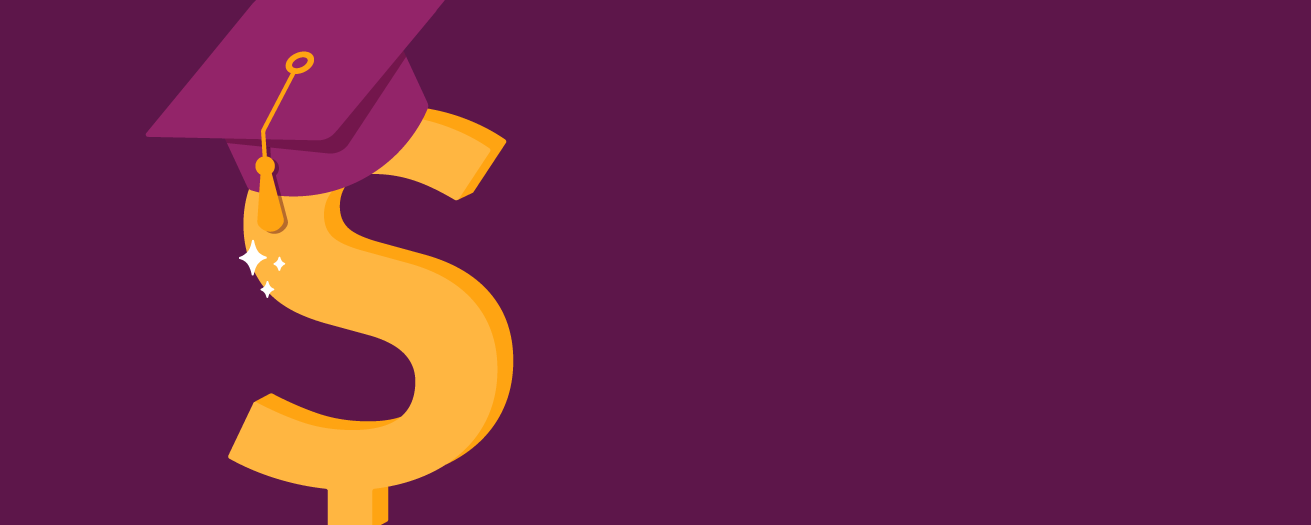 Illustration of a money sign with a graduation cap on it on a purple background.