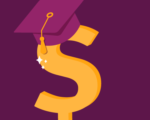 Illustration of a money sign with a graduation cap on it on a purple background.