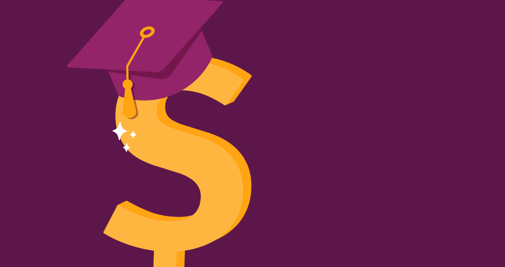 Illustration of a money sign with a graduation cap on it on a purple background.