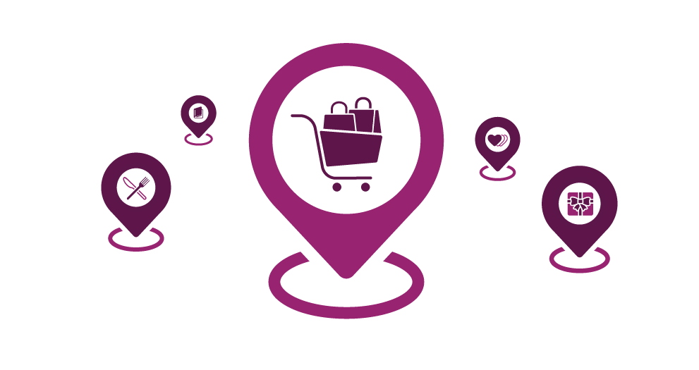 Illustration of a shopping cart in a locations pin