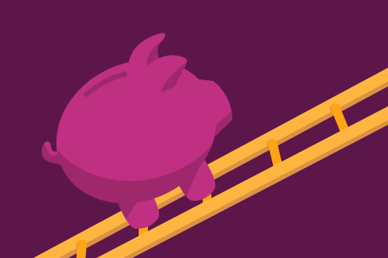 Illustration of a piggy bank climbing a ladder. 