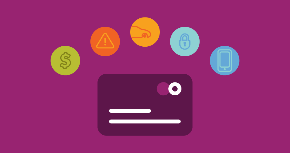 An illustration of a credit card with colorful circles above it. 