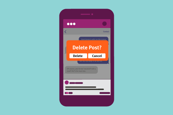 Illustration of a smart phone with the text: Delete Post?  