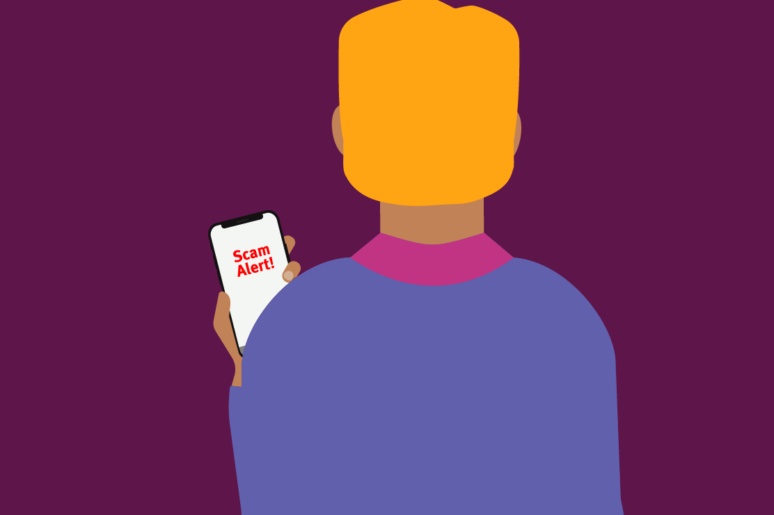 Illustration of a person holding a phone reading the text "Scam Alert!"