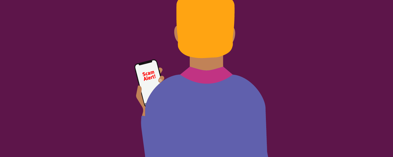 An illustration of a person holding a phone with a scam alert on the screen