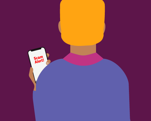 An illustration of a person holding a phone with a scam alert on the screen