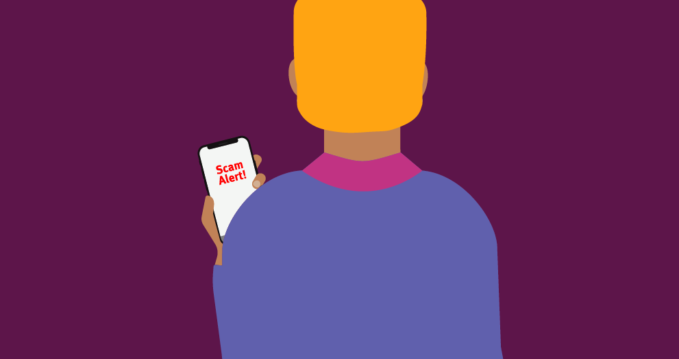 An illustration of a person holding a phone with a scam alert on the screen