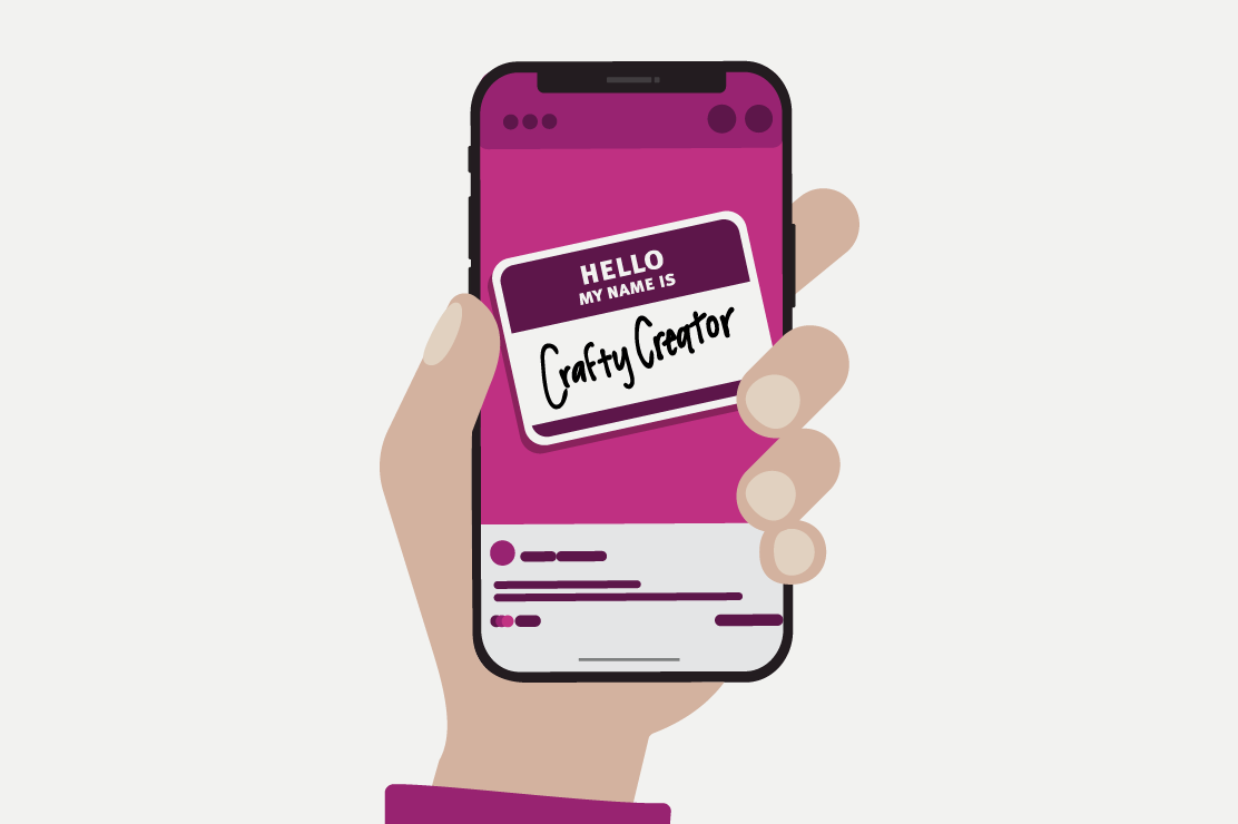 Illustration of cell phone with a name tag on the screen. The name tag reads "Hello, my name is crafty creator."