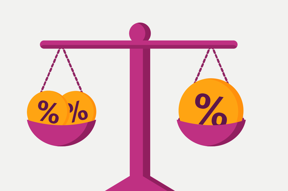 Illustration of a balance scale holding percentages.