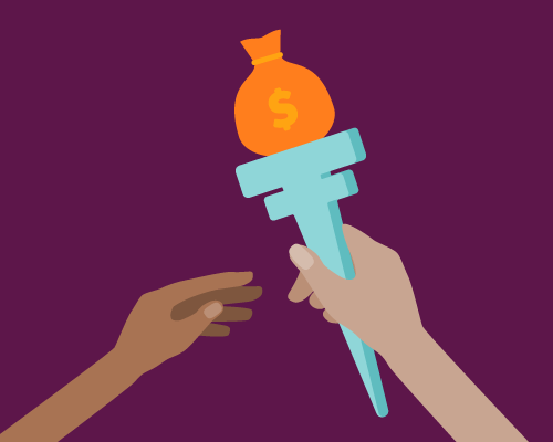 An illustration of a person passing a torch to another person. The flame is represented with a bag of money.