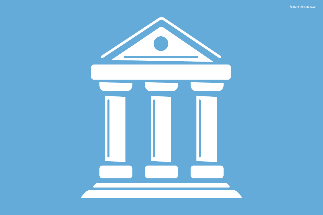 An illustration of a white building with three pillars on a blue background