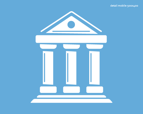 An illustration of a white building with three pillars on a blue background