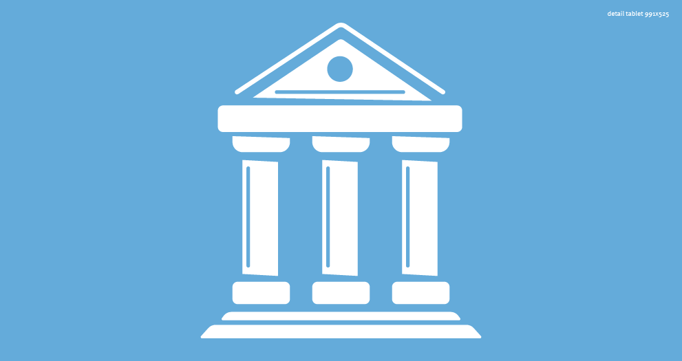 An illustration of a white building with three pillars on a blue background