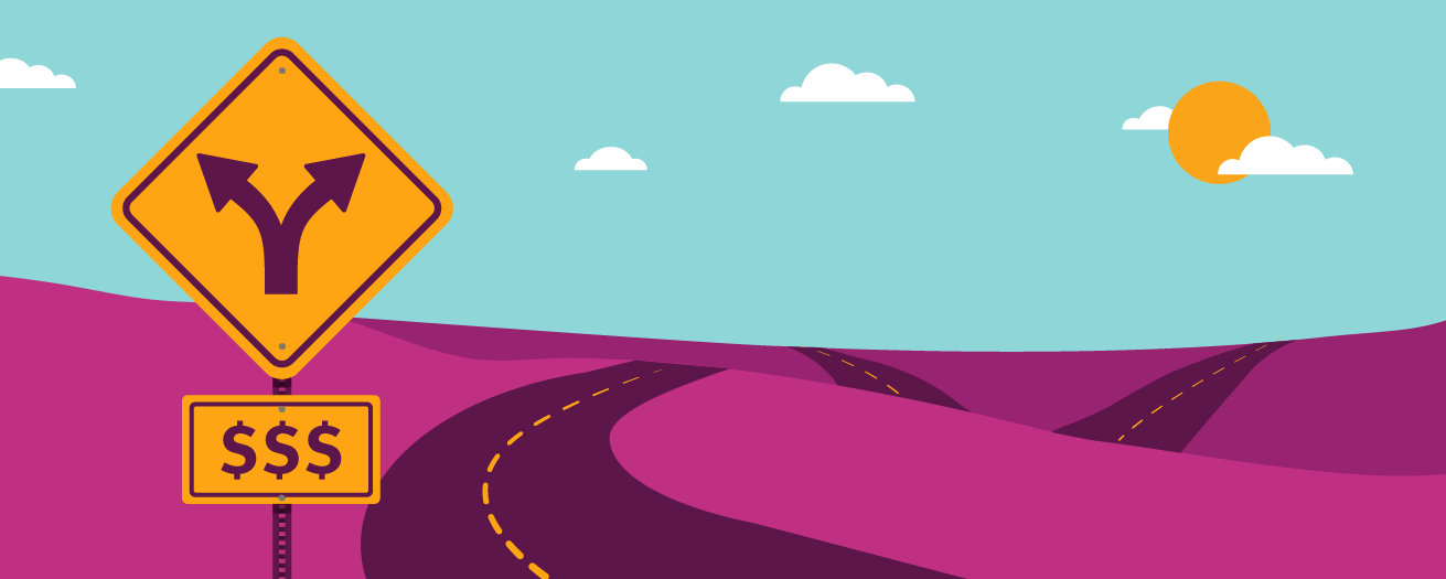 Illustration of a purple road with a "Y" directional sign
