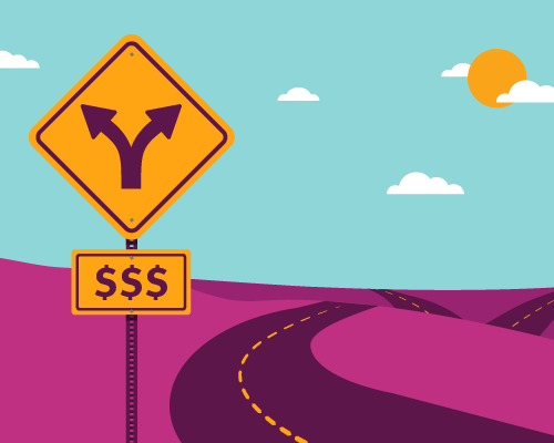 Illustration of a purple road with a "Y" directional sign