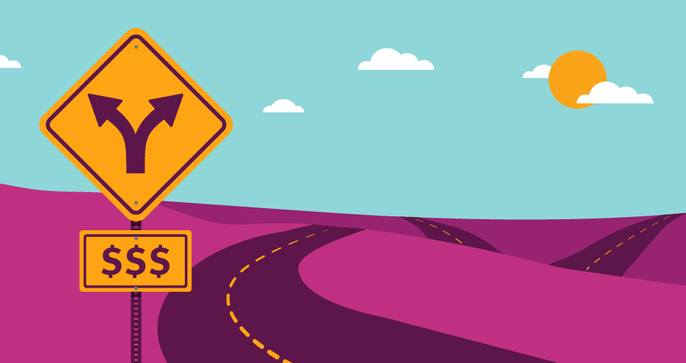 Illustration of a purple road with a "Y" directional sign