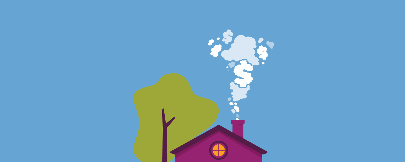 An illustration of a purple house with smoke coming out of the chimney and a tree next to it