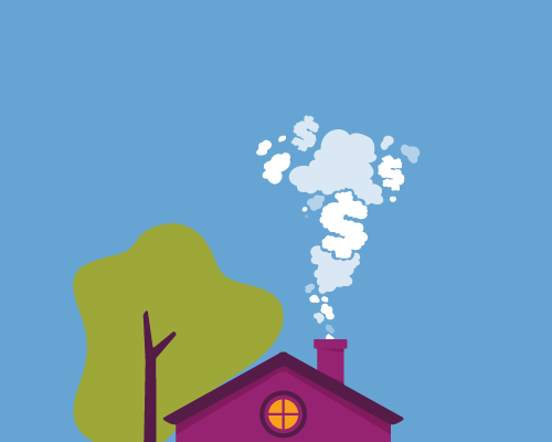 An illustration of a purple house with smoke coming out of the chimney and a tree next to it