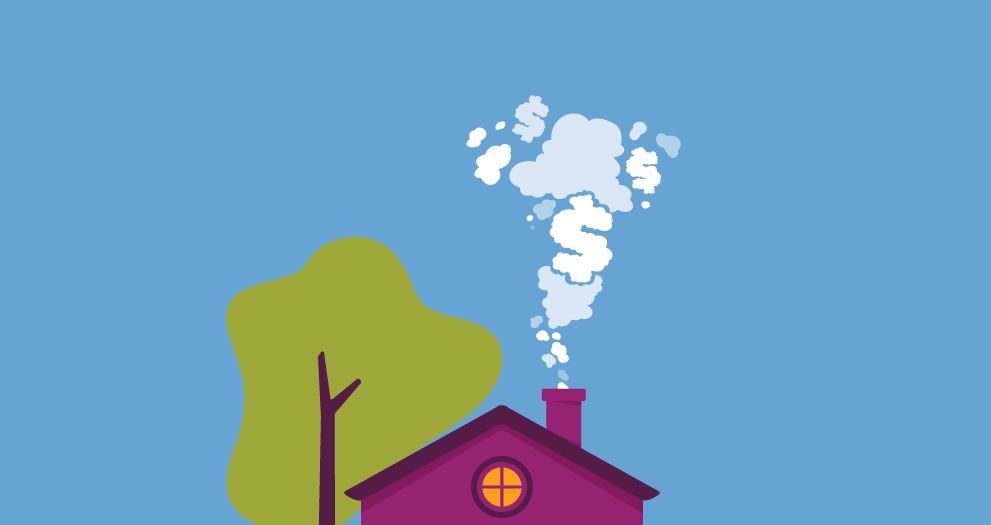 An illustration of a purple house with smoke coming out of the chimney and a tree next to it