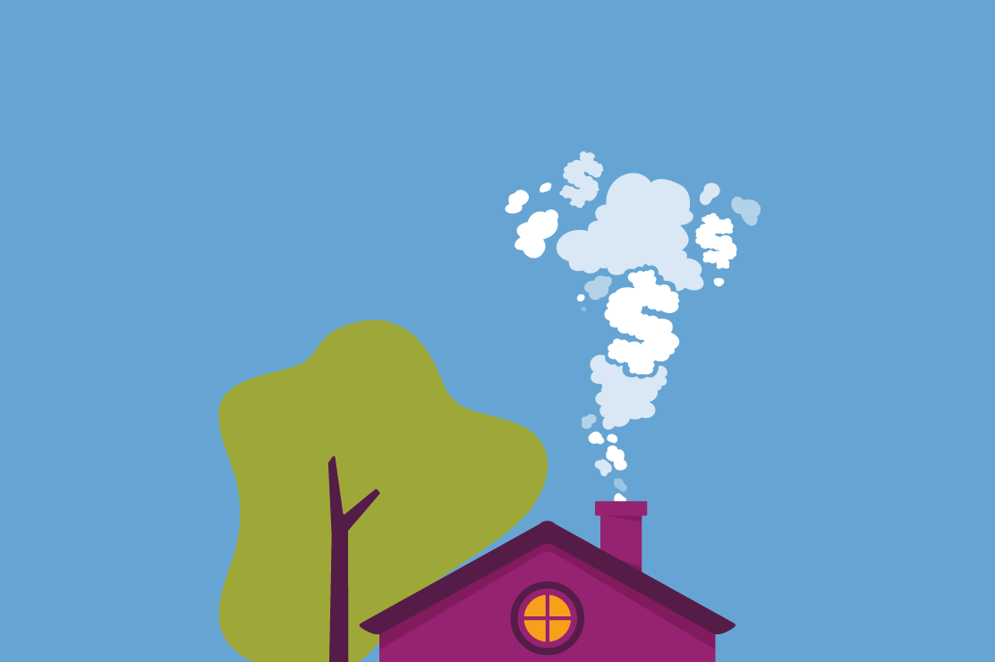 An illustration of a purple house with smoke coming out of the chimney and a tree next to it