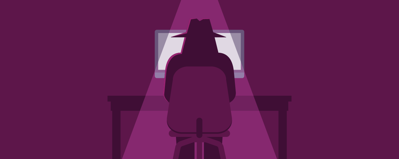 An illustration of a person in a dark room on a computer