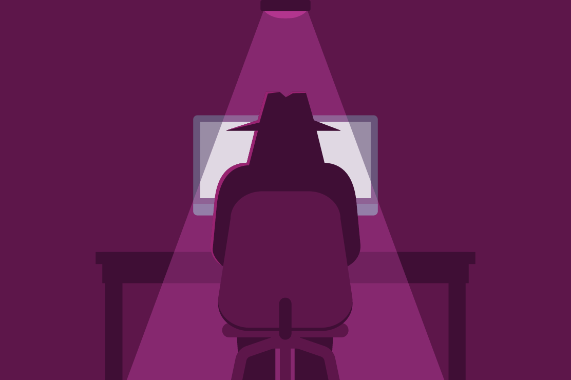 Illustration of person sitting at computer in the dark 