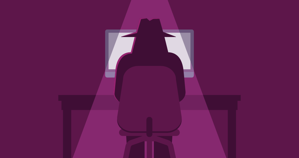 An illustration of a person in a dark room on a computer