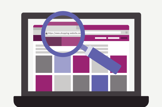 Illustration of website browser with magnifying glass on the URL. 