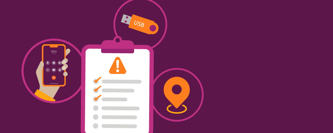 Illustration of checklist with a cell phone, location pin, and thumb drive