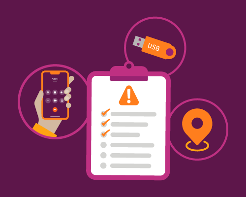 Illustration of checklist with a cell phone, location pin, and thumb drive