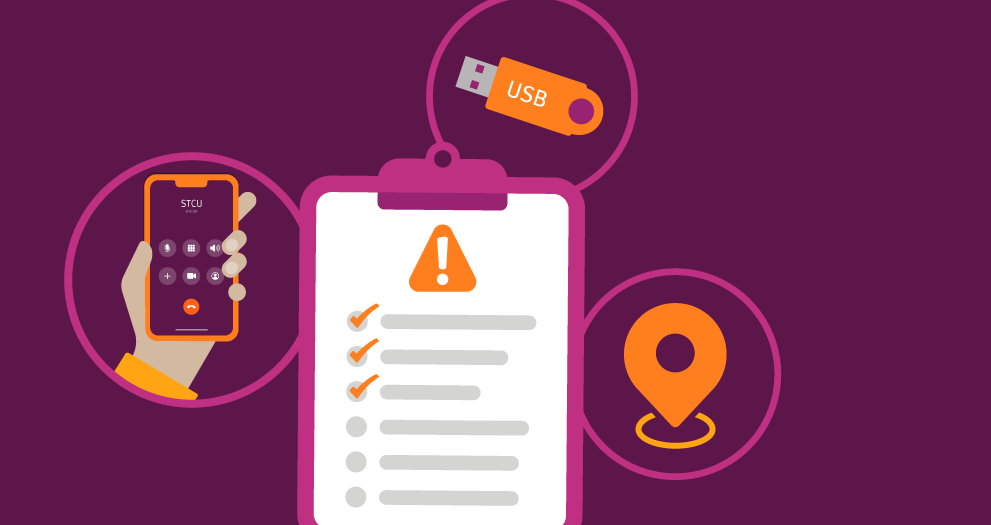 Illustration of checklist with a cell phone, location pin, and thumb drive