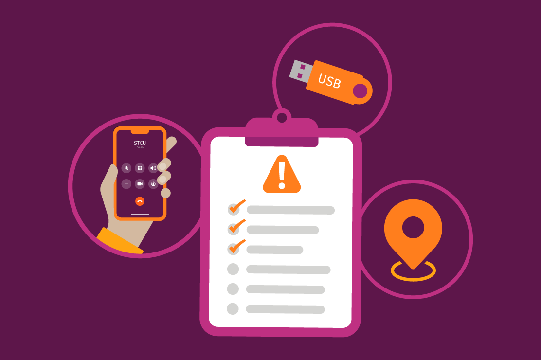 Illustration of checklist with a cell phone, location pin, and thumb drive