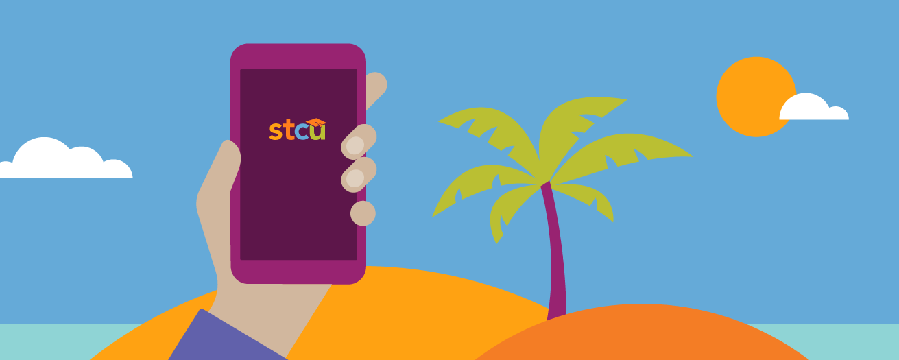 An illustration of a hand holding a mobile phone on a beach