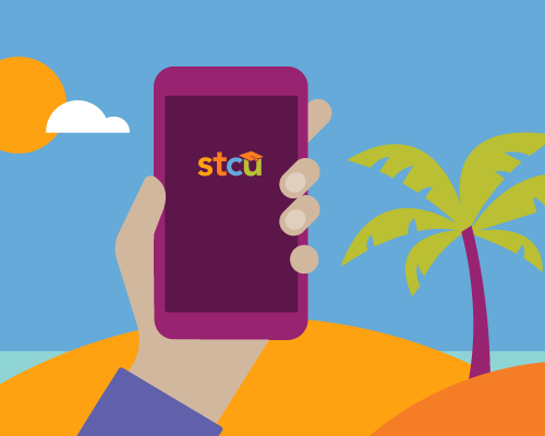 An illustration of a hand holding a mobile phone on a beach