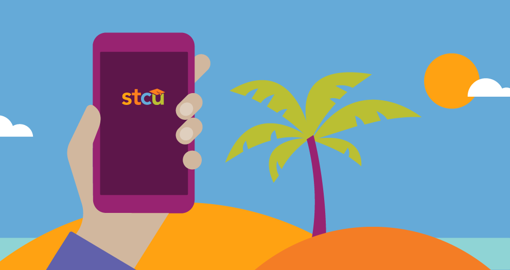 An illustration of a hand holding a mobile phone on a beach
