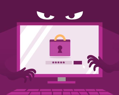 An illustration of a computer screen with a scary face behind it