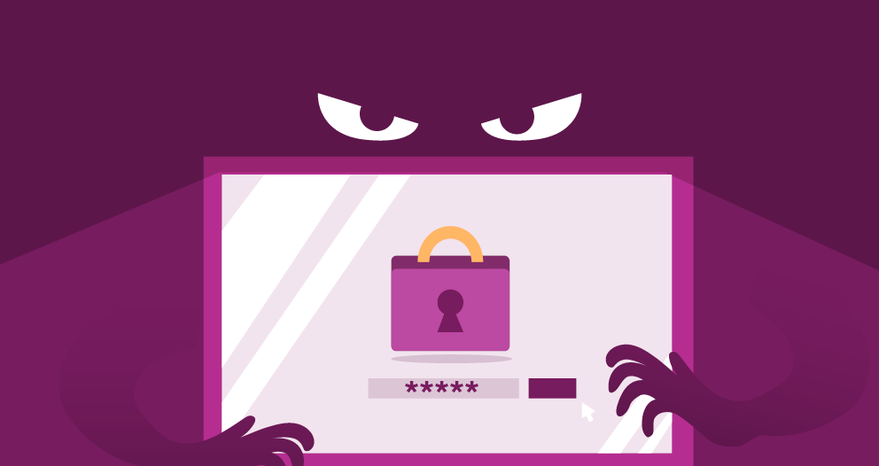 An illustration of a computer screen with a scary face behind it