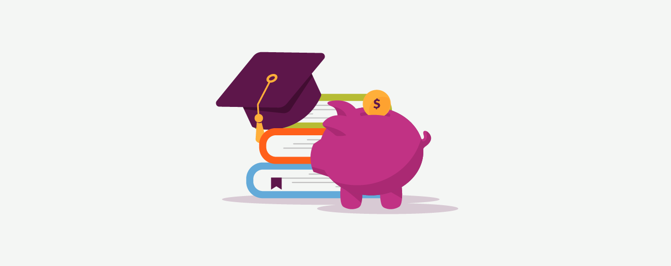 Illustration of a piggy bank next to textbooks and a mortarboard