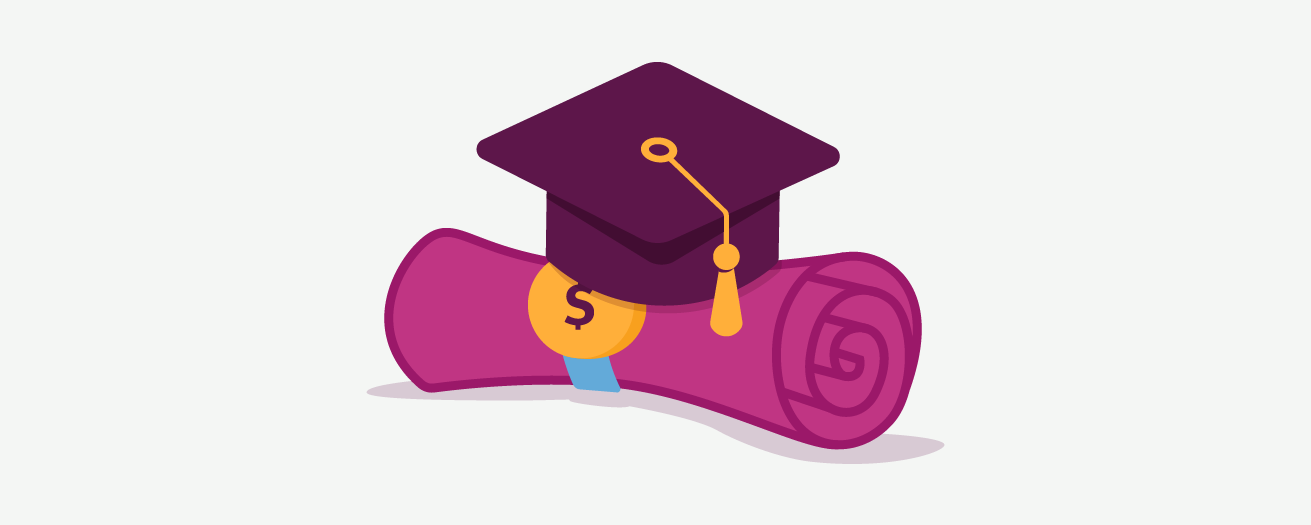 Illustration of diploma rolled up with a purple grad cap on top 