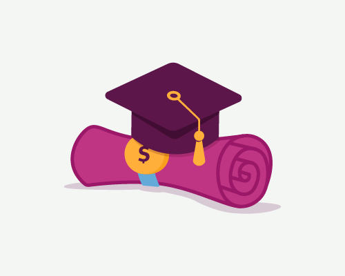 Illustration of diploma rolled up with a purple grad cap on top 